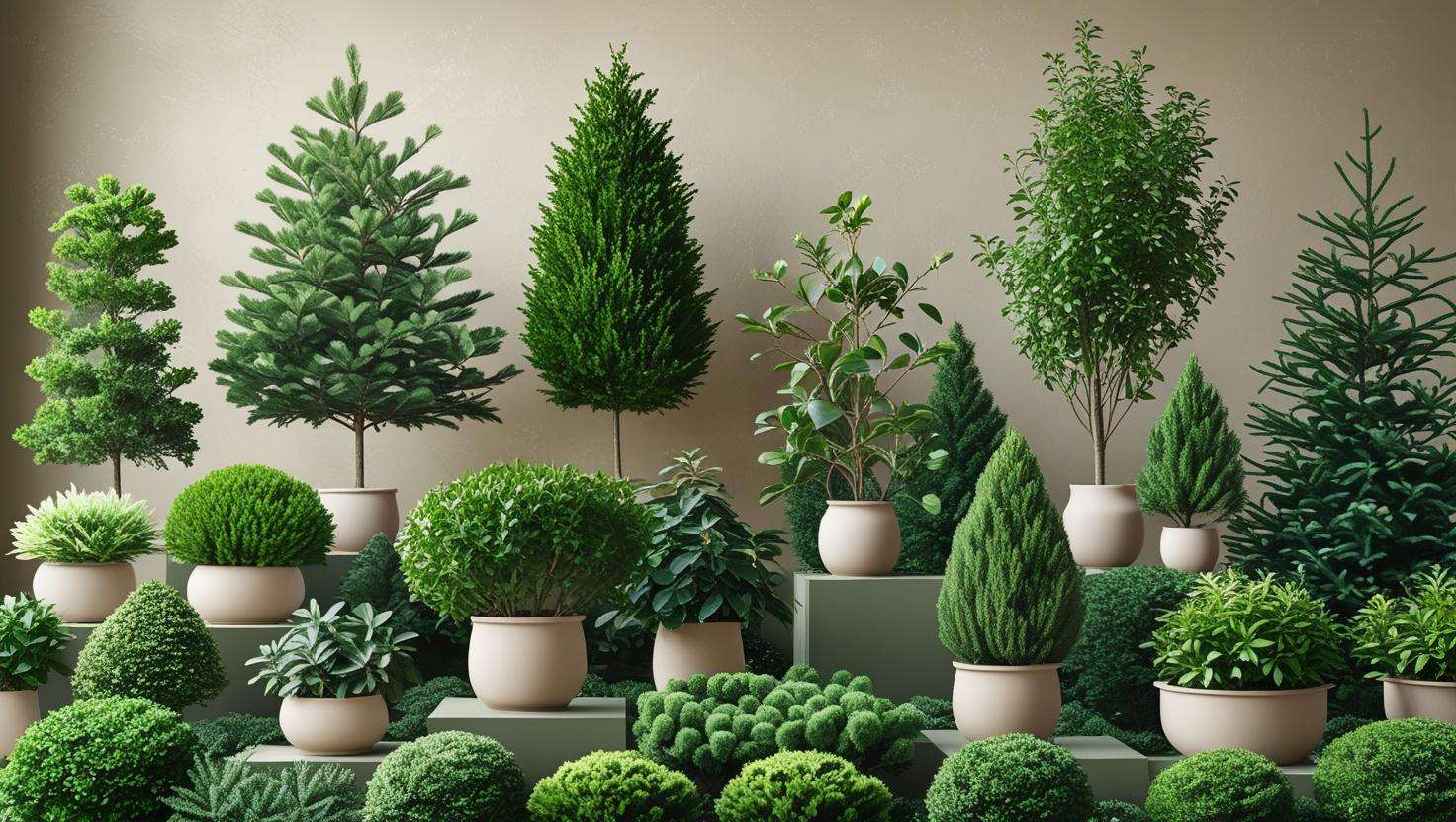 Close-up of different evergreen plants like boxwood, holly, pine, and juniper in a well-maintained garden, highlighting their variety and textures.