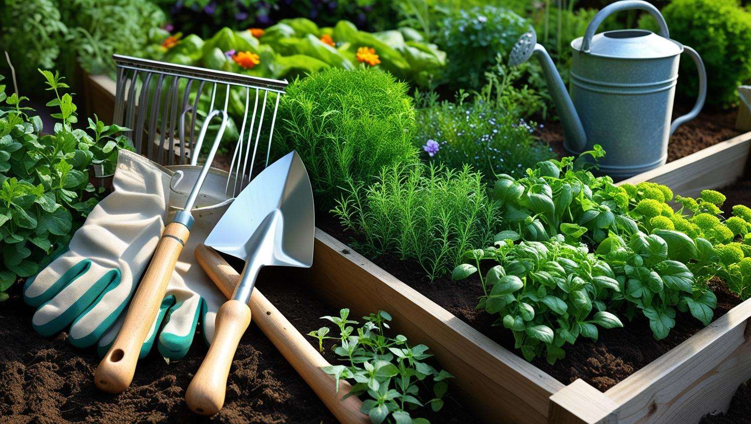 Essential gardening tools including a trowel, rake, watering can, and gloves beside a well-maintained raised bed garden