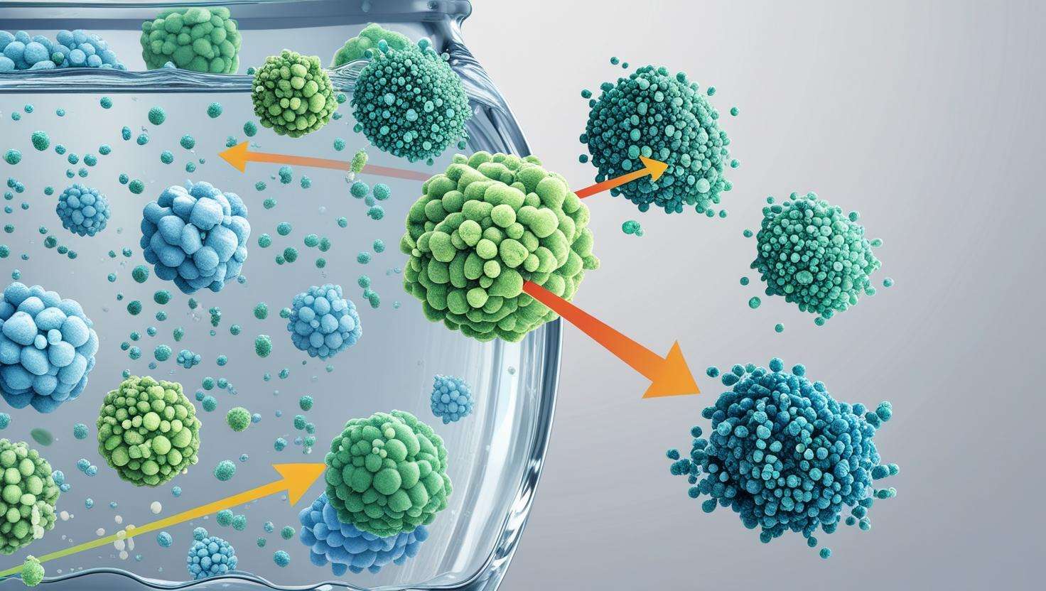A visual representation of how an aquarium water clarifier binds particles together in the water.