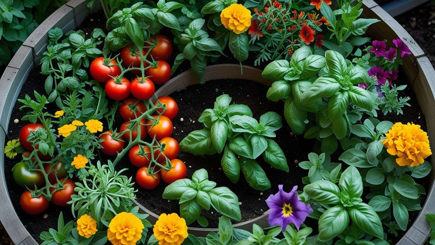 Close-up of a round raised garden bed with diverse plants like tomatoes, basil, and flowers growing together in a companion planting layout