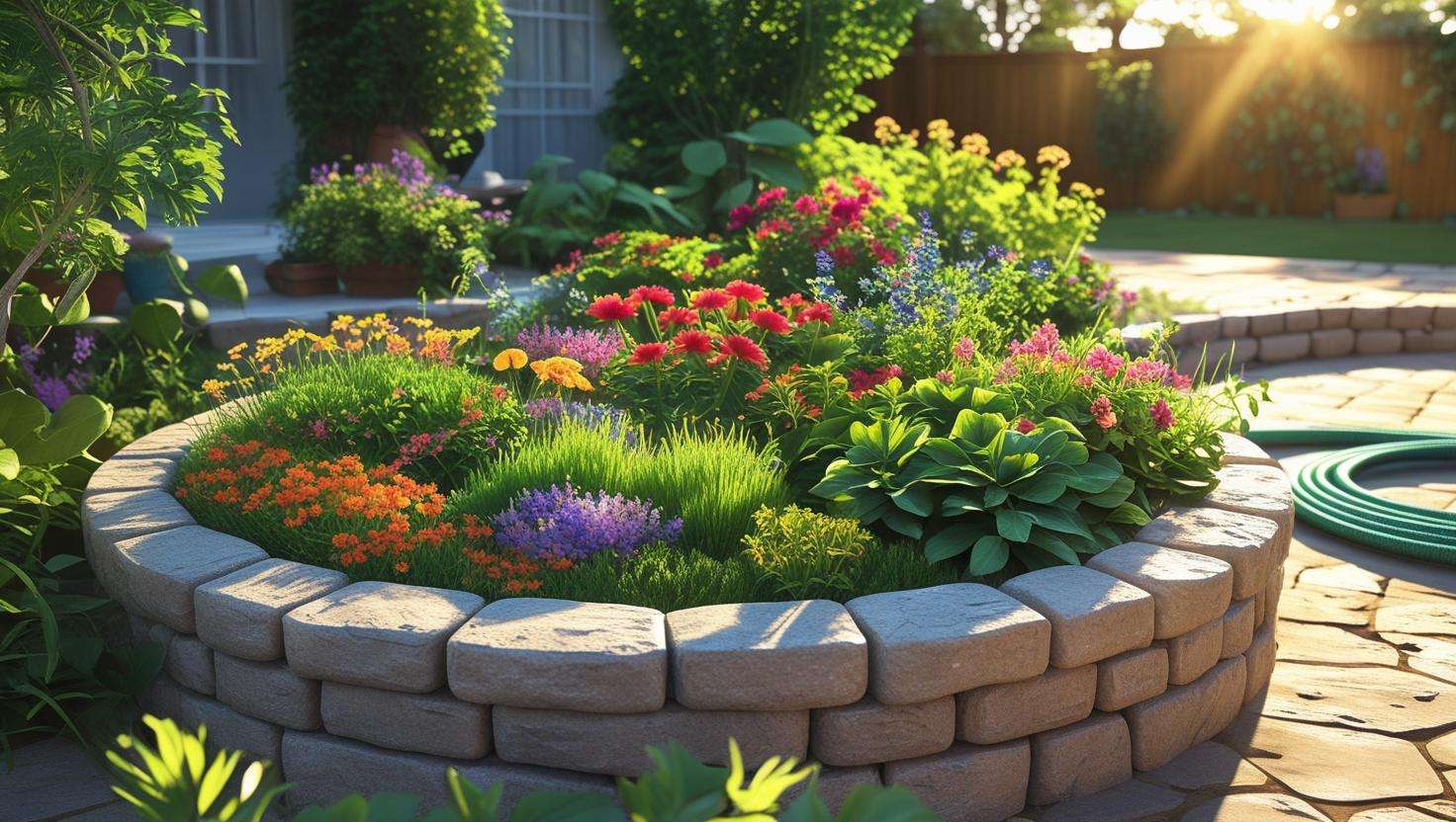 ound raised garden bed in a sunny location with natural light, surrounded by a well-maintained backyard and a nearby water source for easy access