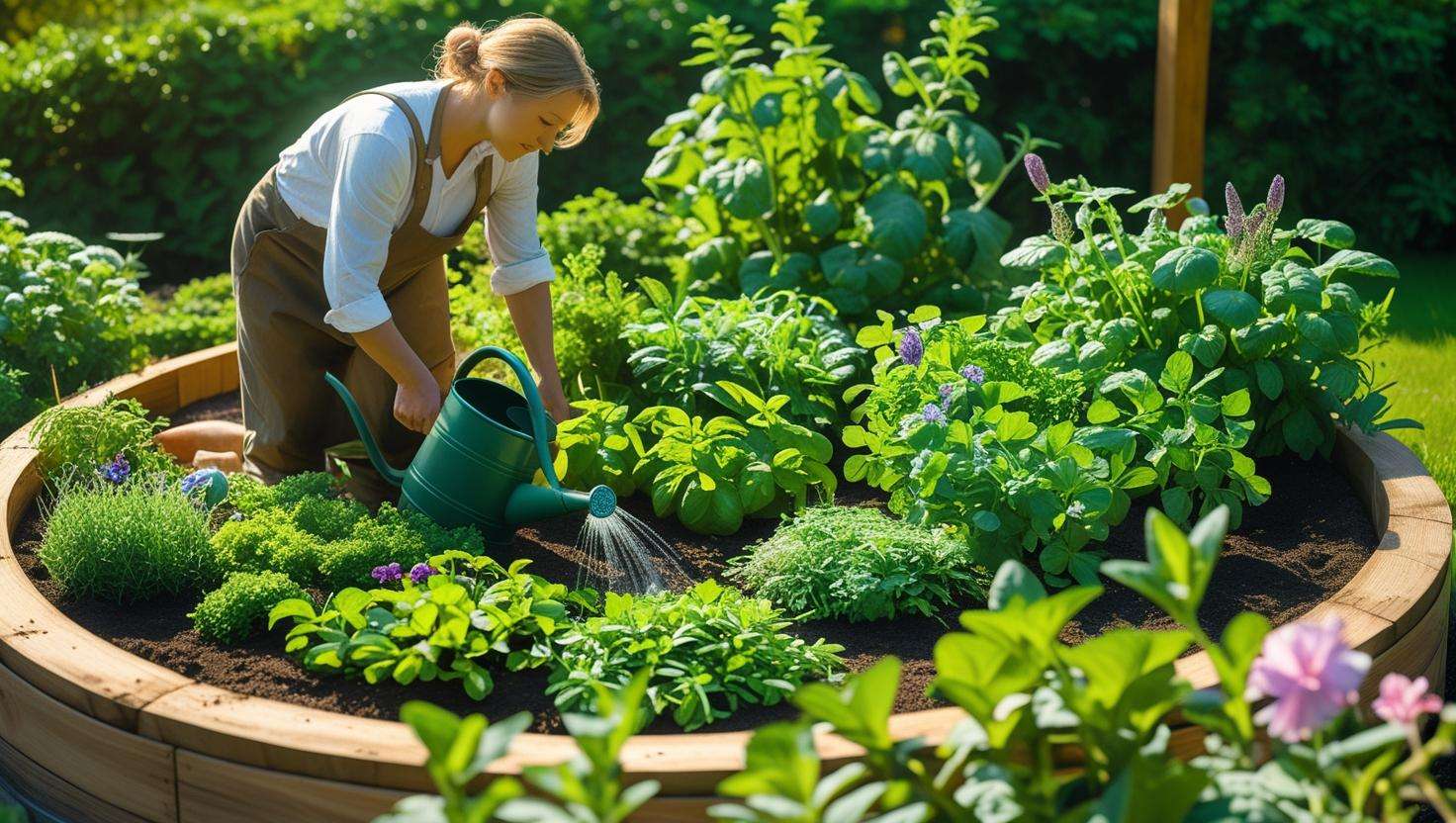 Gardener watering a round raised garden bed with healthy plants, using a watering can or drip irrigation system on a sunny day