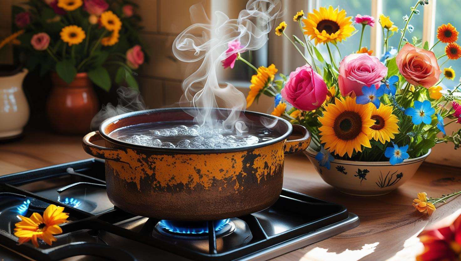 Step-by-step process of making with fresh flowers and distilled water simmering in a pot