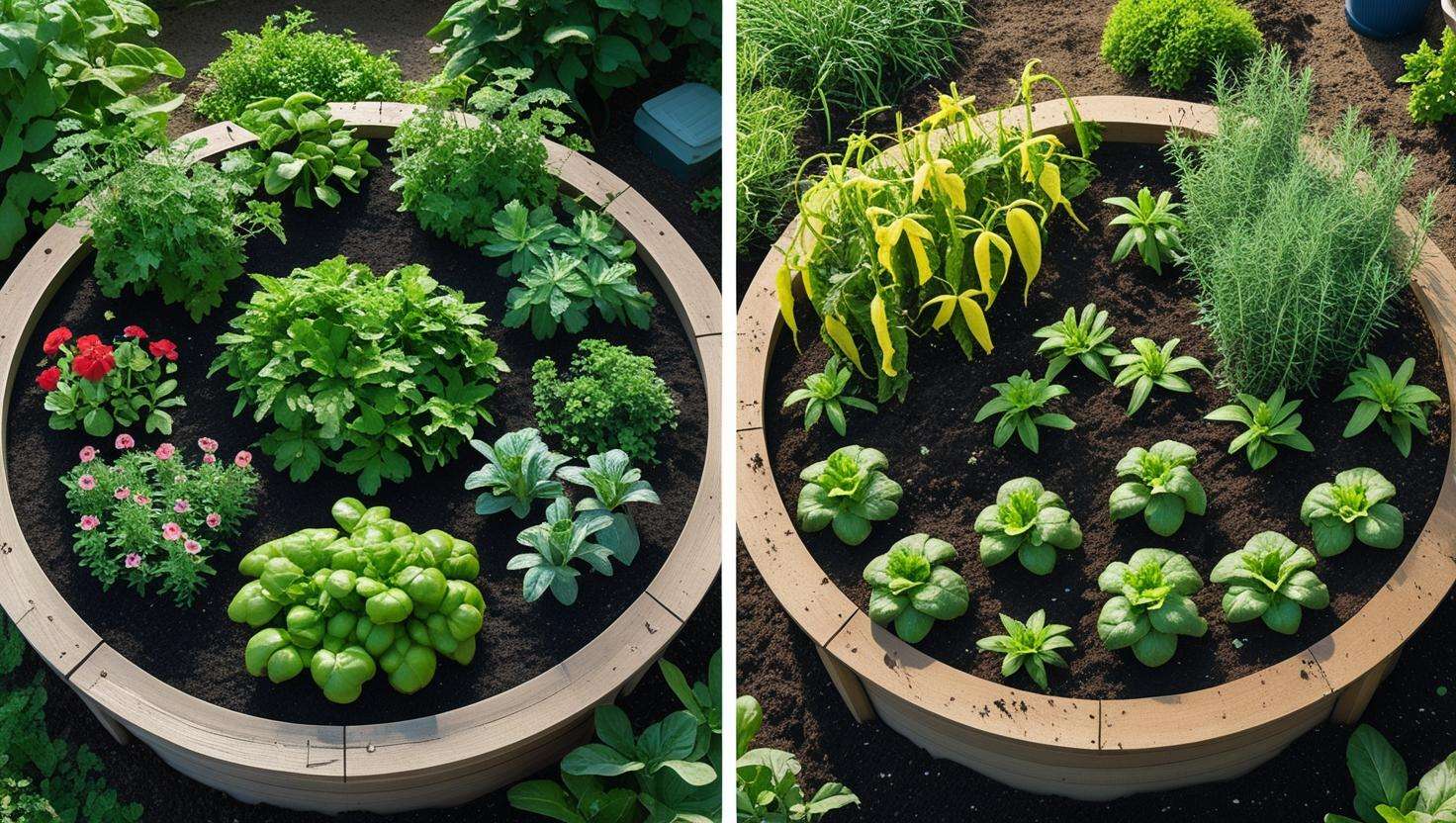 Comparison of a round raised garden bed with healthy plants versus a traditional garden bed with weeds, highlighting space-saving and efficient plant growth