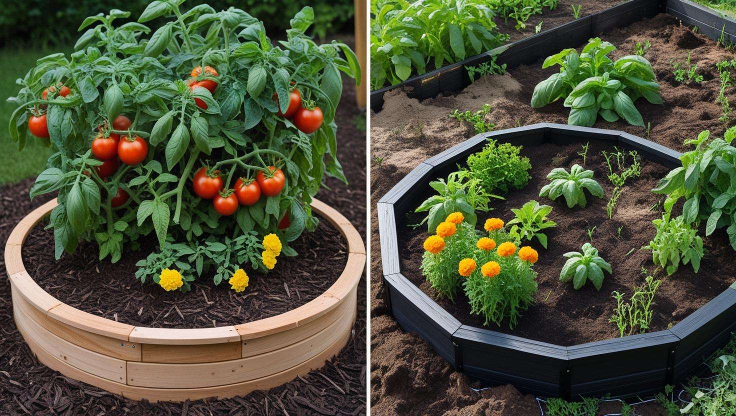 Comparison of two round raised garden beds: one overcrowded with plants and weeds, and the other well-maintained with healthy spacing