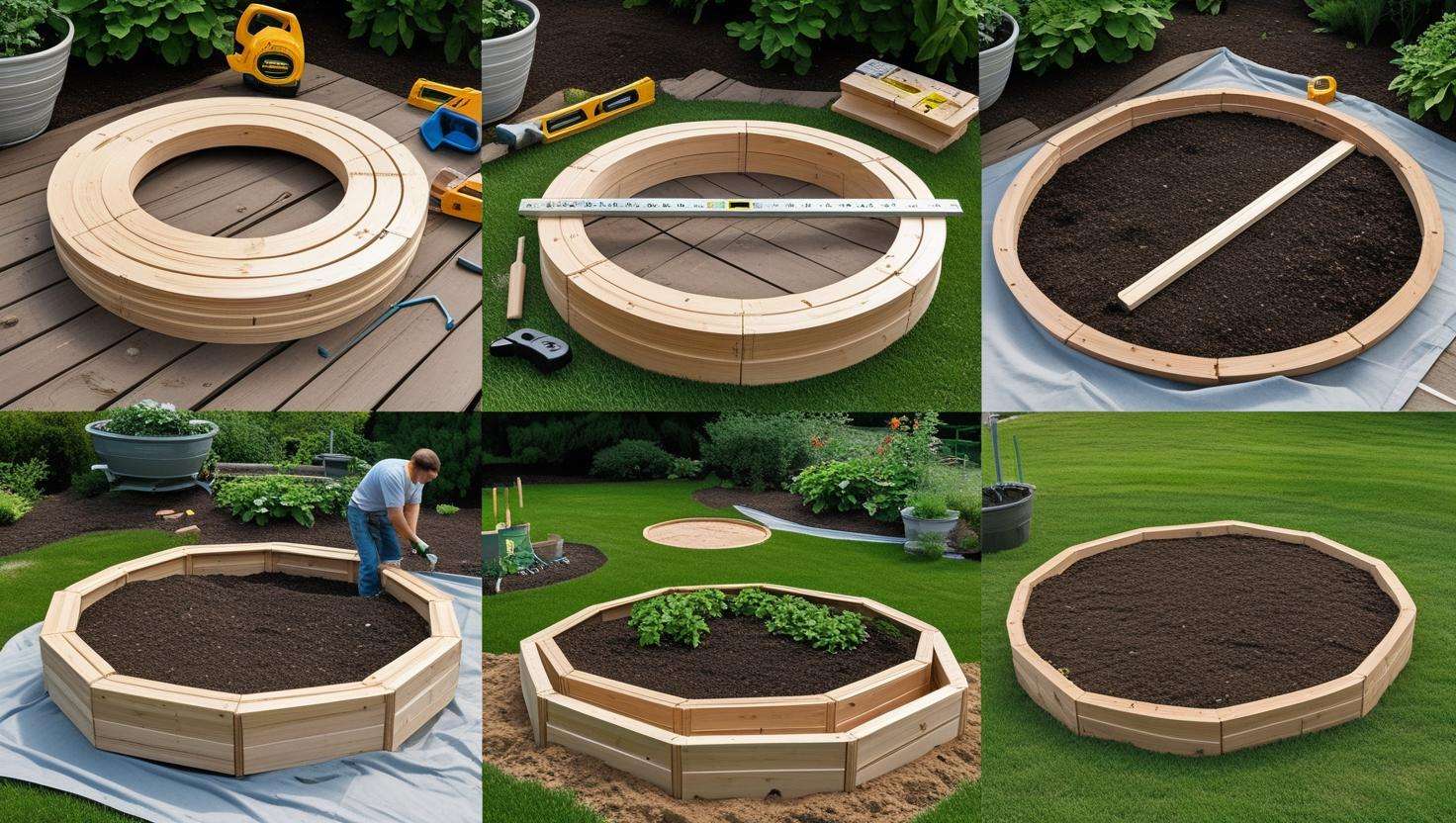 Step-by-step process of building a round raised garden bed, showing materials, frame assembly, and filling the bed with soil for planting