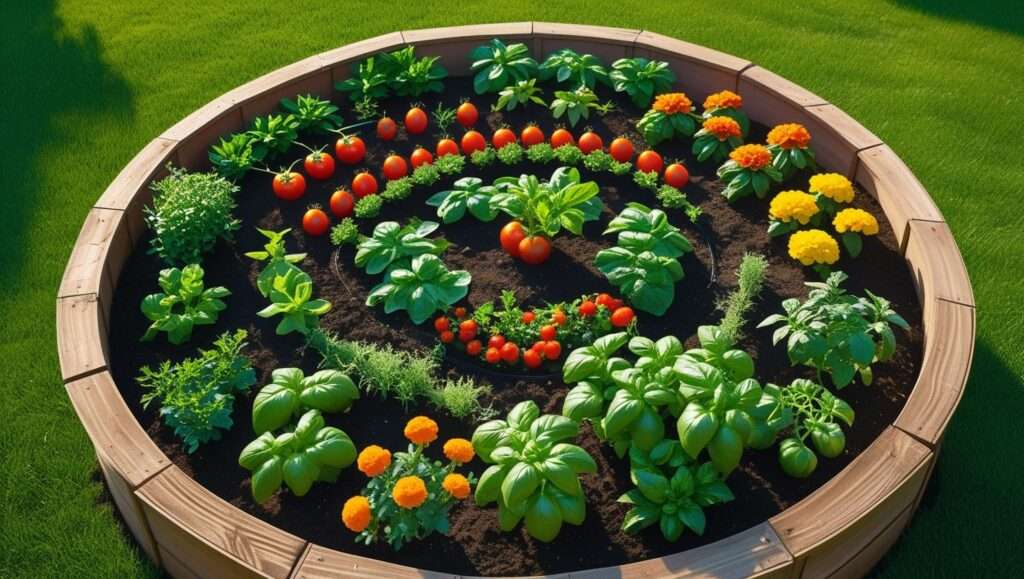 Top view of a round raised garden bed filled with vegetables, herbs, and flowers, showcasing its circular shape and healthy plant growth