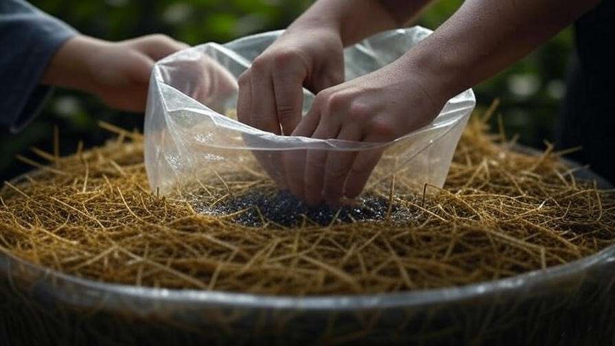 A step-by-step illustration of inoculating mushroom spawn into a growing medium, with clear visuals of the process (like a person adding spawn to a bag or container).