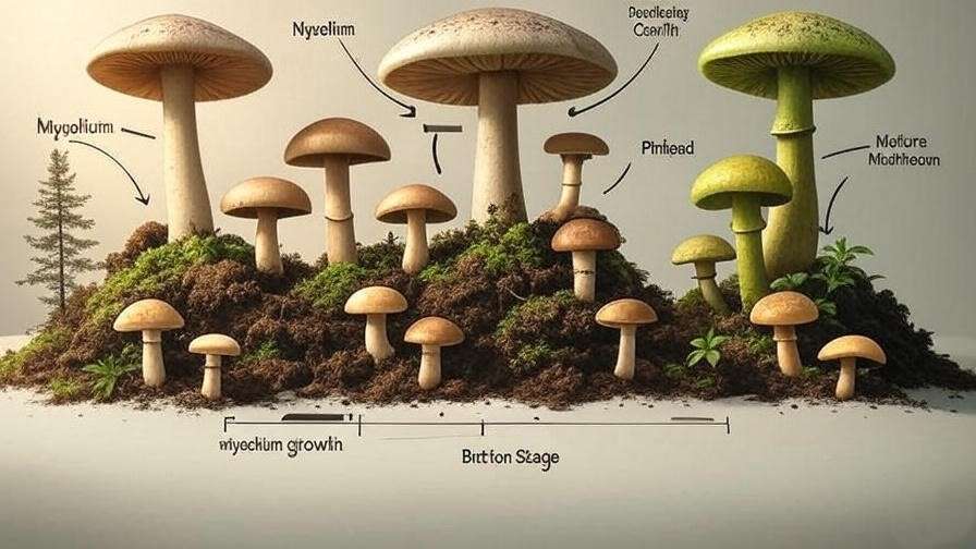  A close-up of different mushroom types (oyster, shiitake, button) growing on substrates like straw or sawdust.