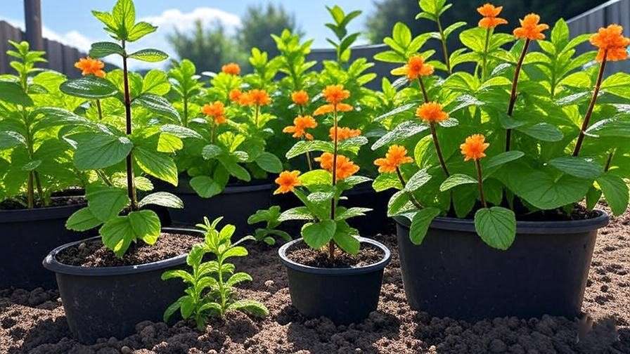 A garden with orange mint plants thriving in partial sunlight and rich soil.