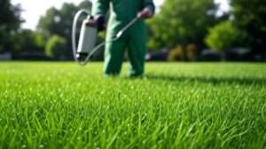 A person in a green uniform spraying an insect killer on a lush green lawn, with another individual observing closely, featured as an image for an article titled "Effective Lawn Insect Killer: The Best Solutions to Protect Your Lawn from Pests.