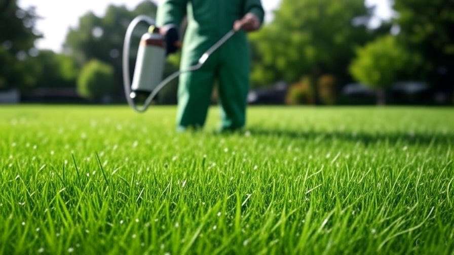 A person in a green uniform spraying an insect killer on a lush green lawn, with another individual observing closely, featured as an image for an article titled "Effective Lawn Insect Killer: The Best Solutions to Protect Your Lawn from Pests.