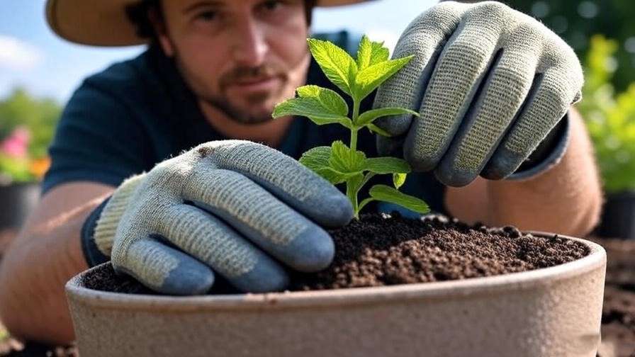 A gardener planting orange mint in a container or garden bed.
