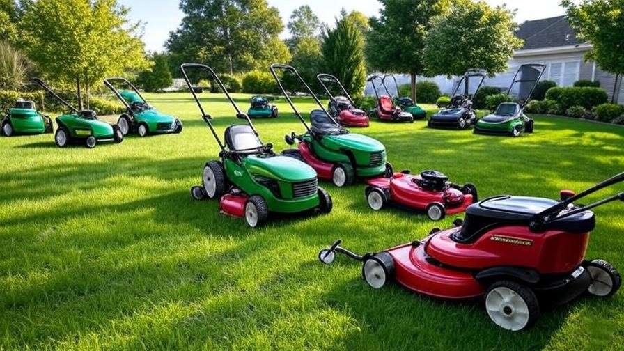 A well-maintained green lawn with several Scag lawn mowers of different models and colors, including green and red, parked neatly on the grass. The scene features a clear blue sky, lush trees, and a residential house in the background, ideal for an article on choosing the best lawn mower.