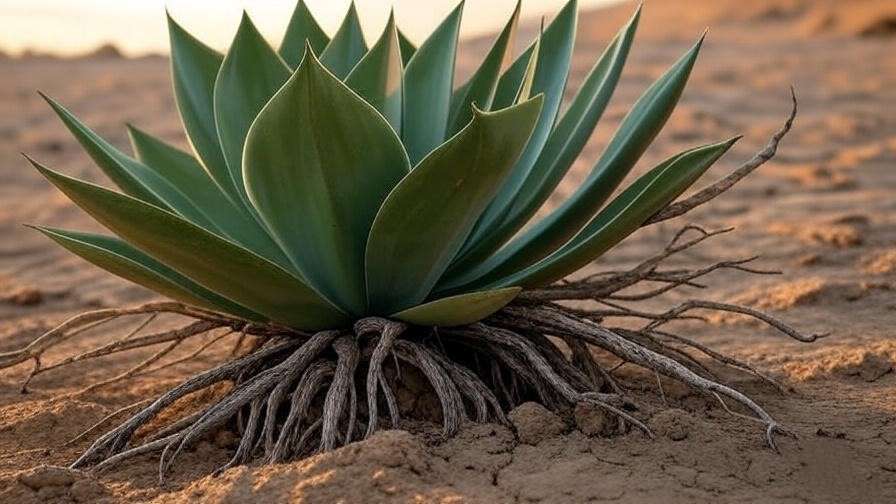  A close-up of a heat-tolerant plant, like agave or succulent, showing its thick, waxy leaves and deep root system in dry soil.