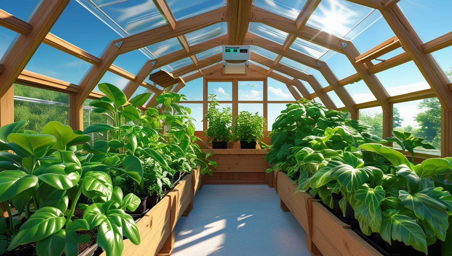  An image showing the inside of a Lean to Greenhouse with open vents on the roof and sides, plants thriving under controlled temperatures.