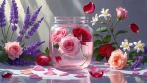 Jar of homemade flower water with rose and lavender petals surrounding it, showcasing a natural, organic aesthetic.
