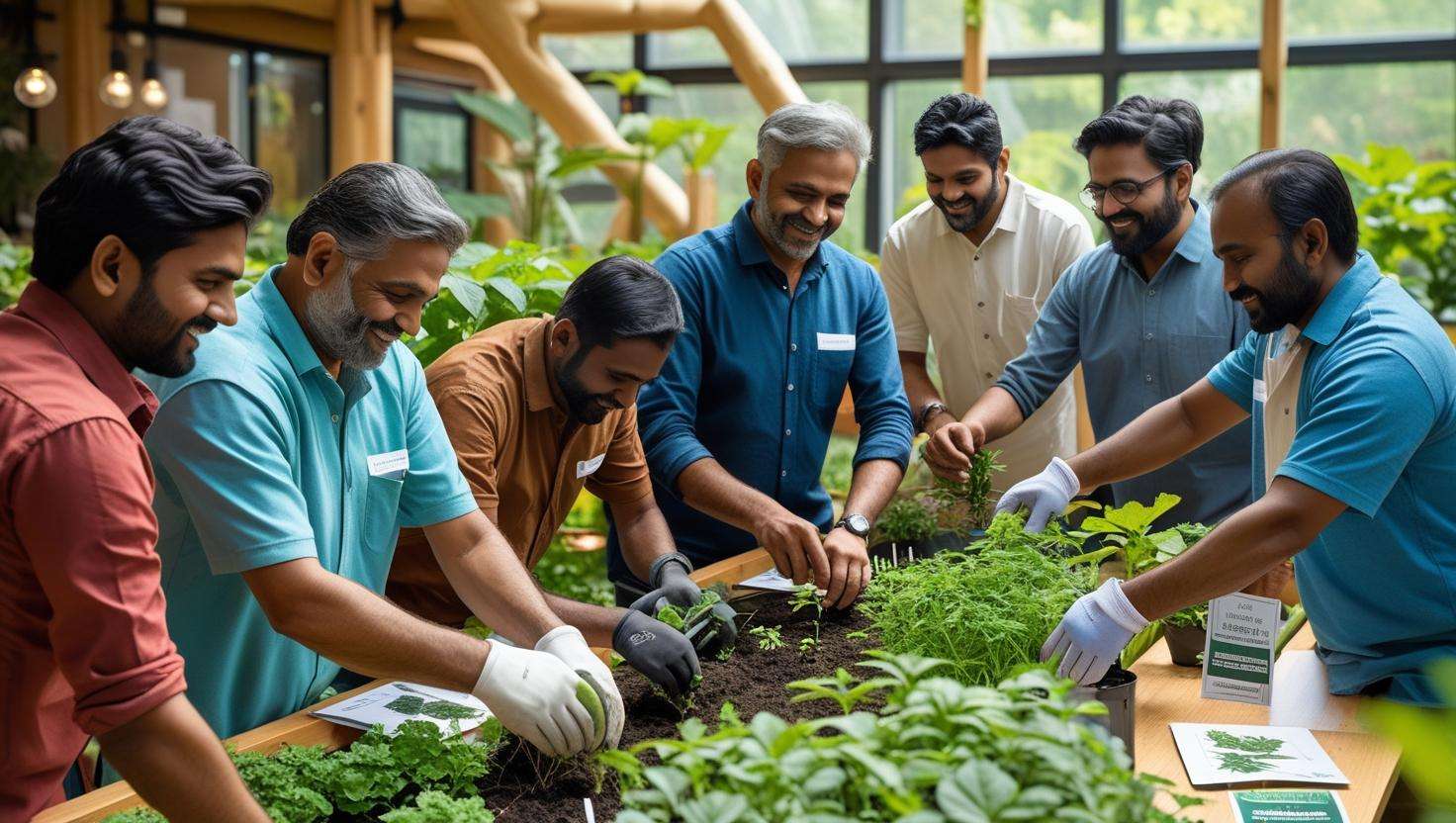 Diverse community members learning how to grow herbs in an indoor garden workshop, engaging in hands-on activities at an environmental nature center.