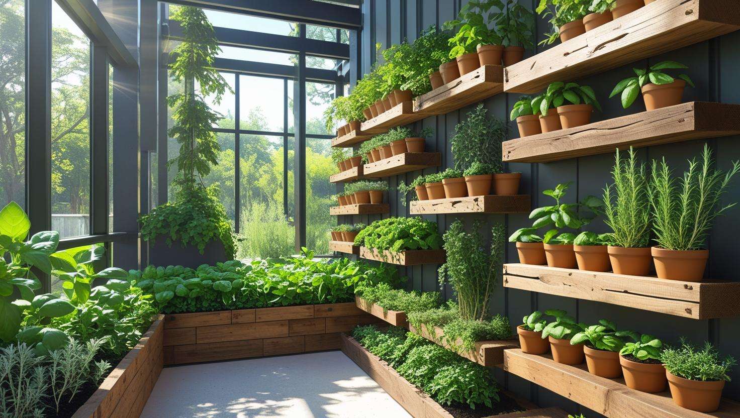 Indoor herb garden setup in an environmental nature center with basil, mint, rosemary, and thyme growing in vertical planters and containers