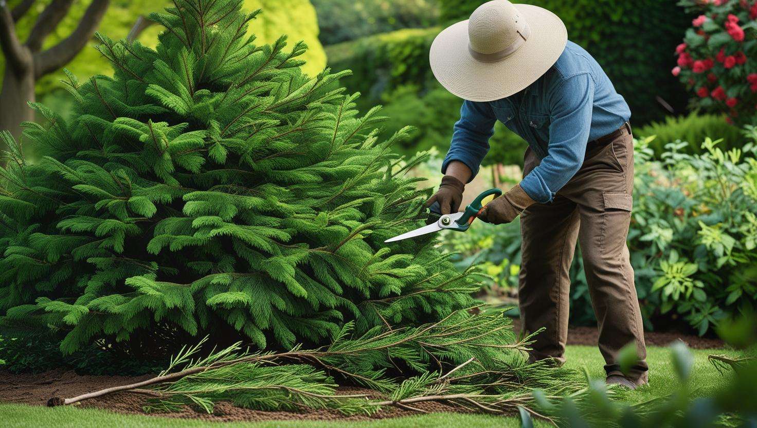 Gardener pruning an evergreen shrub to maintain its shape and health in a lush green garden with clear skies.