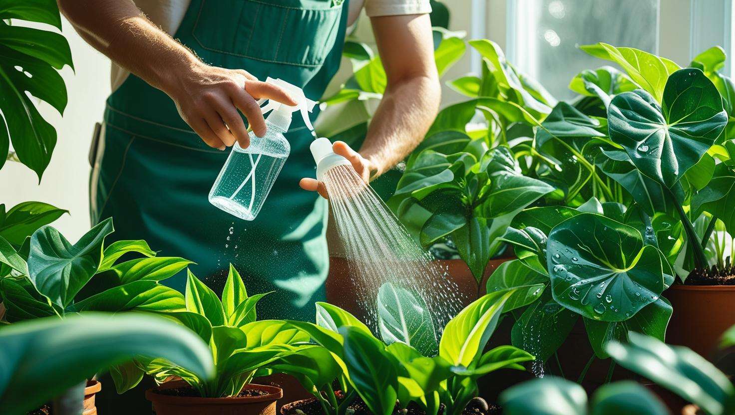 Gardener spraying flower water onto a lush indoor plant, demonstrating a natural plant care routine