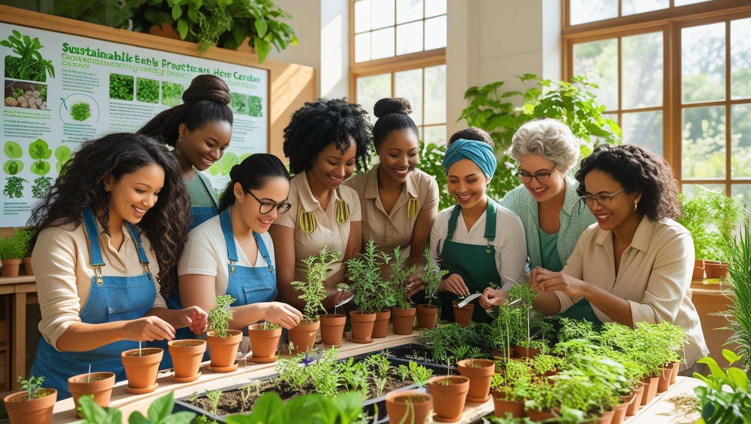 Community members participating in an educational workshop about sustainable gardening and indoor herb gardening in an environmental nature center