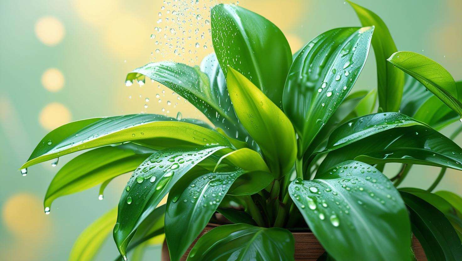 Healthy plant being misted with water, with dewy leaves showing vibrant, fresh growth