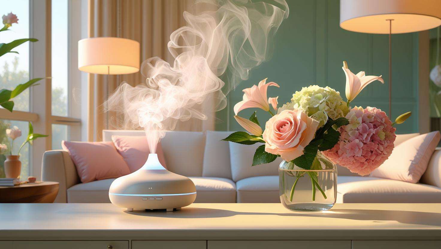 Room with a diffuser releasing flower water vapor, creating a calming, fresh atmosphere in a cozy living space