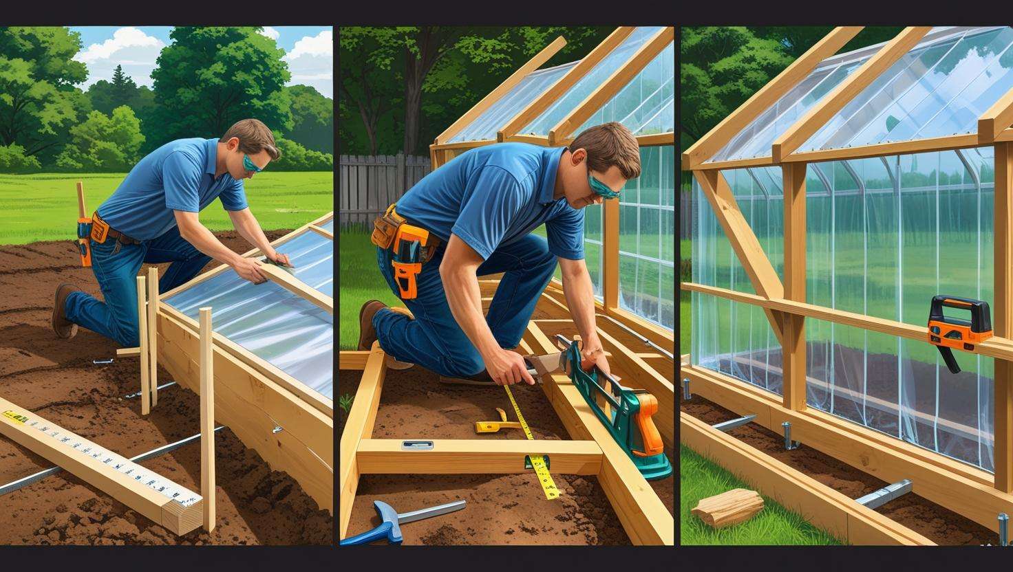 A step-by-step illustration showing the construction phases, such as laying the foundation and building the frame.