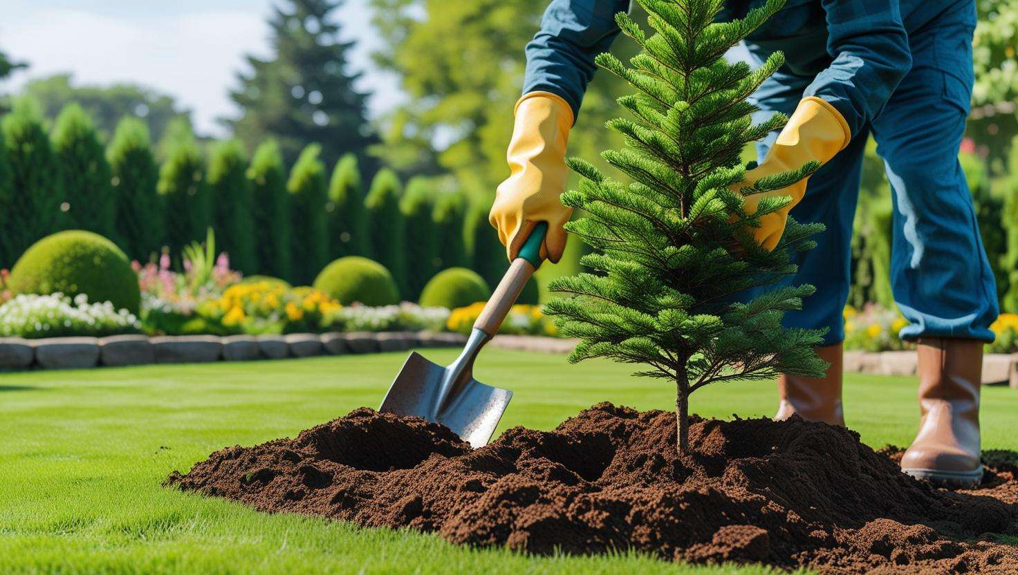 Person planting an evergreen tree in the garden, digging a hole and backfilling soil for successful plant growth in a sunny garden.