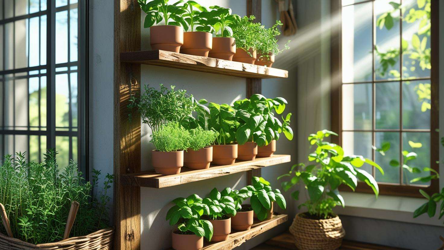 Vertical herb garden in a small indoor space with basil, mint, and thyme growing in wall-mounted planters under natural light