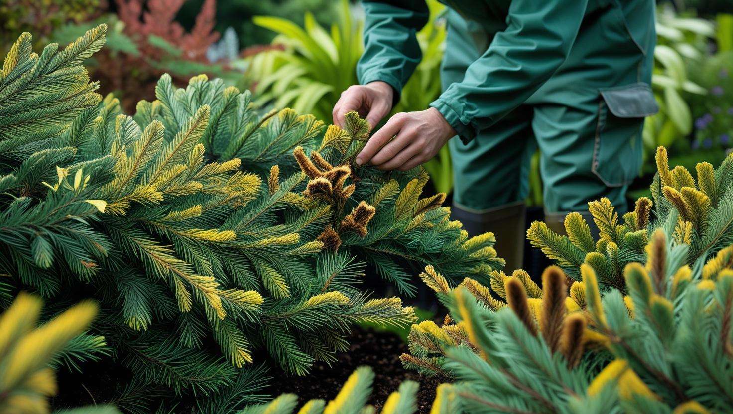 Close-up of evergreen plants showing yellowing needles and brown tips, with a gardener inspecting for common garden problems like overwatering or winter burn.