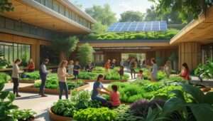 Environmental nature center with indoor herb gardens, green spaces, and educational activities promoting sustainability and eco-friendly living