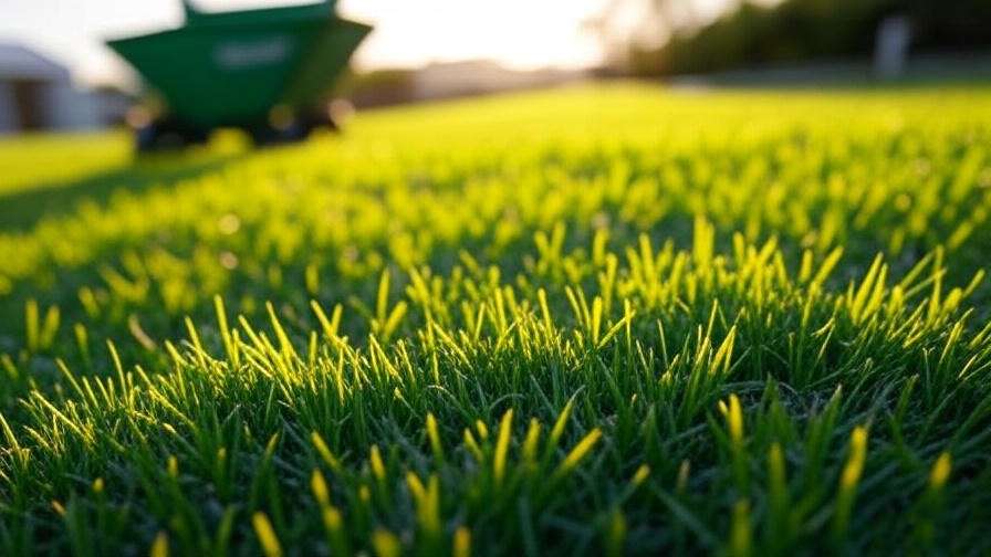 A close-up of lush Bermuda grass with vibrant green color. In the background, there can be a visible fertilizer spreader, showing the process of fertilizing.