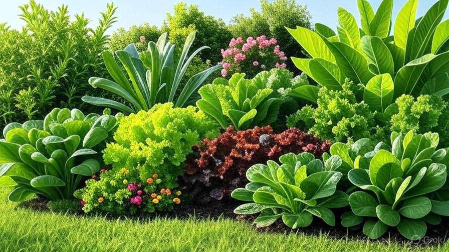  A garden with various types of plants—leafy vegetables, flowering plants, houseplants, and grass—all thriving and looking healthy.