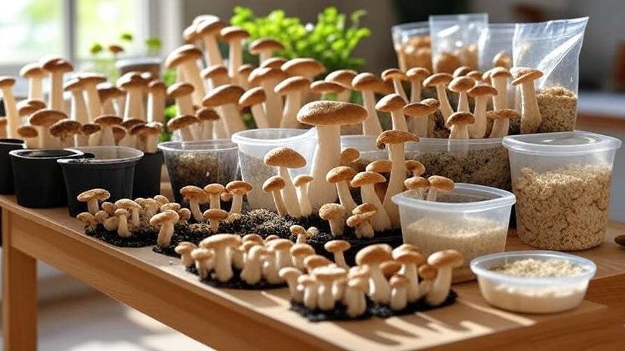 An organized setup showing the tools and materials needed for mushroom cultivation: bags, spawn, substrate (straw or sawdust), and a humidity tray. 