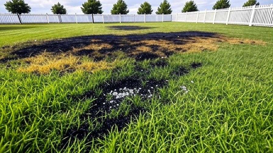 An image showing a lawn with patches of burnt grass from over-fertilizing or applying fertilizer incorrectly.