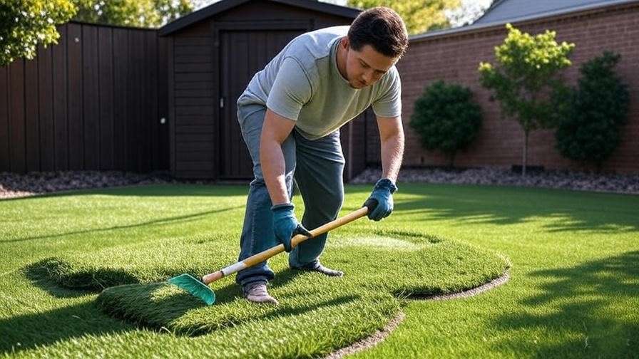 A well-maintained artificial turf lawn with a person using a rake to clean it, featuring a green garden hose and a blurred background of trees and houses, showcasing a clean and durable turf surface.