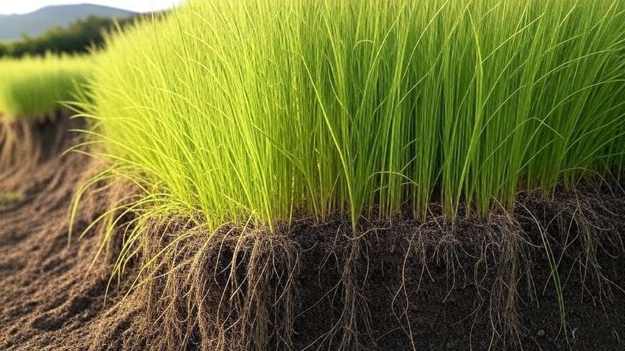  Close-up of tall fescue grass blades with a visible deep root system, illustrating its resilience and drought tolerance.
