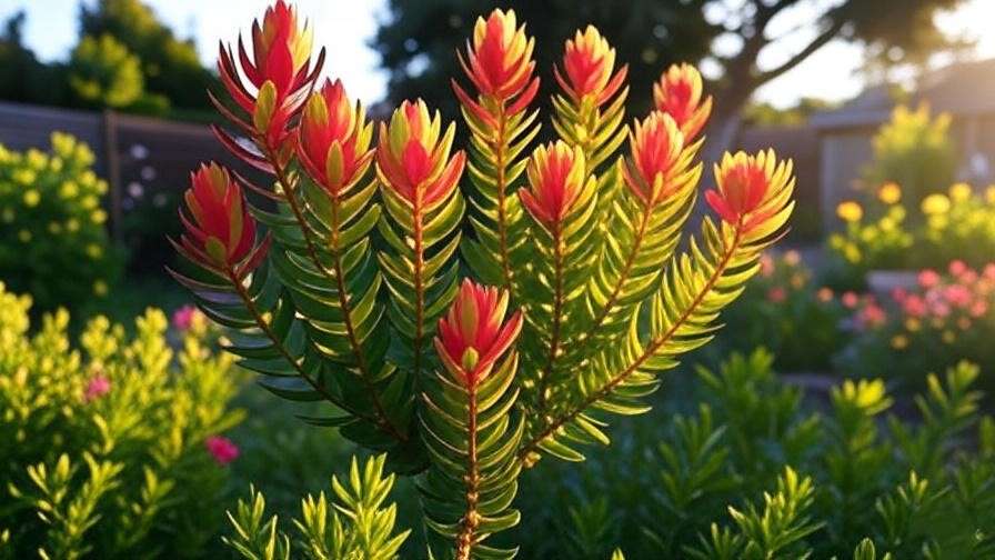  A picture of a Leucadendron plant thriving in a garden with full sunlight, possibly with some afternoon shade. This will help visualize the plant’s ideal growing conditions.