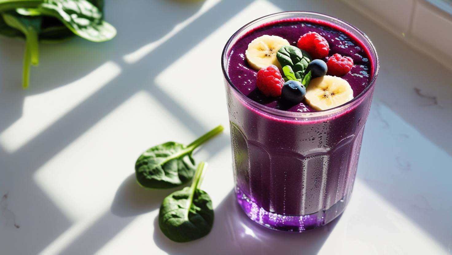 A vibrant black carrot smoothie with mixed berries, banana, and spinach in a glass, placed on a clean kitchen counter