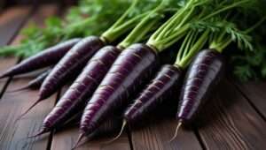 Close-up of fresh black carrots with green leafy tops, showcasing their deep purple-black color on a rustic wooden background