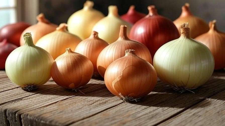 A variety of onion bulbs in different colors (yellow, red, white) arranged on a wooden surface. 