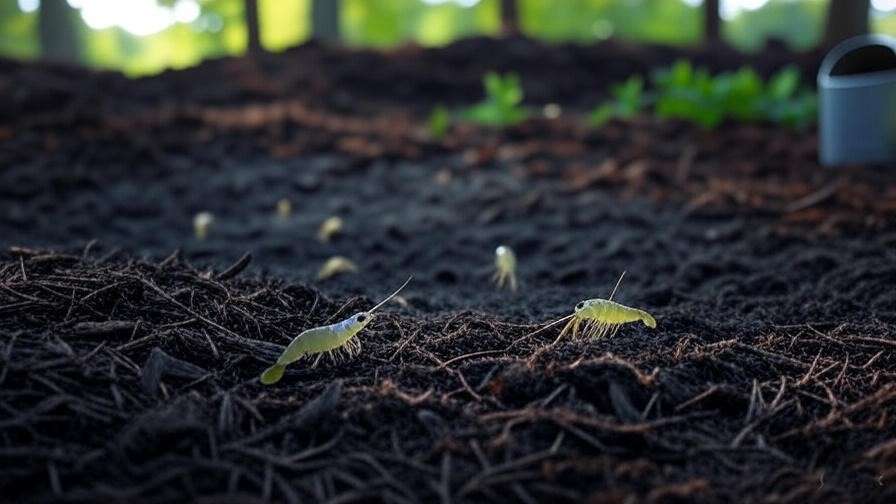 A garden with well-maintained soil, organic mulch, and a moisture-rich environment, showing lawn shrimp actively moving through the soil.