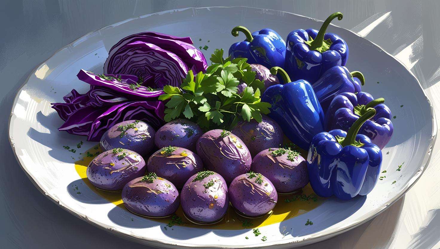 A beautifully prepared meal featuring roasted blue potatoes, purple cabbage, and blue bell peppers, highlighting a colorful and healthy dish