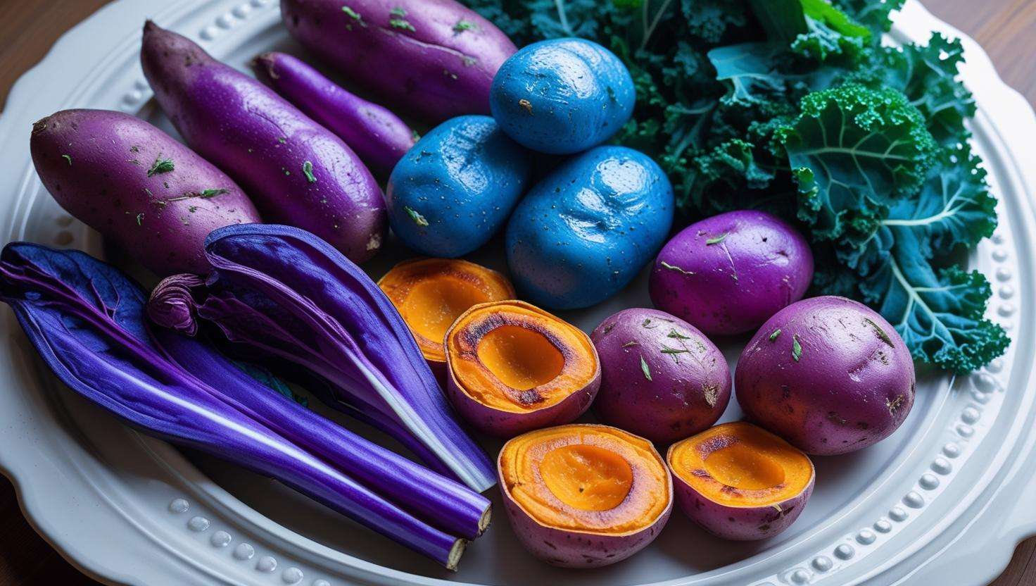 A well-arranged plate with blue vegetables such as blue potatoes, purple sweet potatoes, and blue kale, symbolizing the health benefits and versatility of blue vegetables
