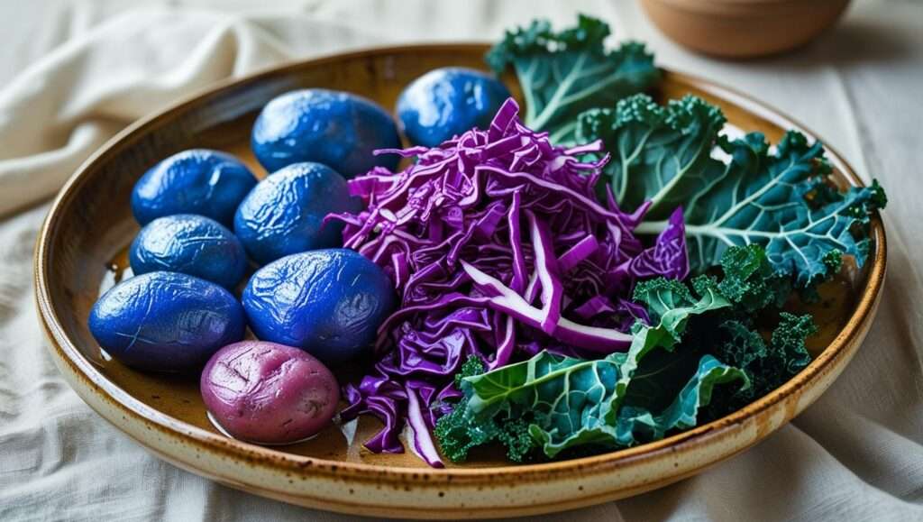A close-up image of a plate filled with a variety of blue vegetables like blue potatoes, purple cabbage, and blue kale, showcasing a vibrant and healthy meal