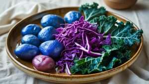 A close-up image of a plate filled with a variety of blue vegetables like blue potatoes, purple cabbage, and blue kale, showcasing a vibrant and healthy meal