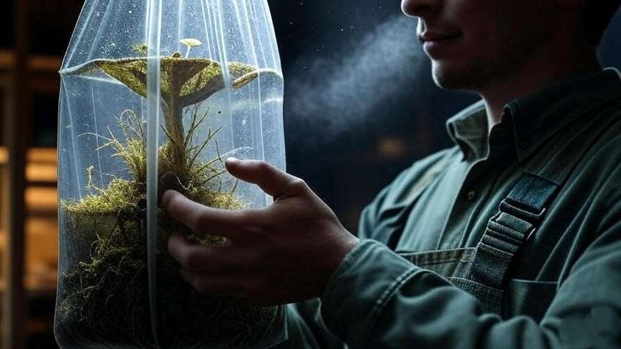 A person misting their mushroom bags or containers, ensuring the growing environment has the right humidity, with a thermometer in the background.
