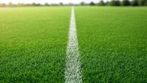 A lush, vibrant green synthetic turf lawn with morning dew glistening under soft sunlight, featuring a blurred background of trees and a person sitting, ideal for a lawn or sports field setting.